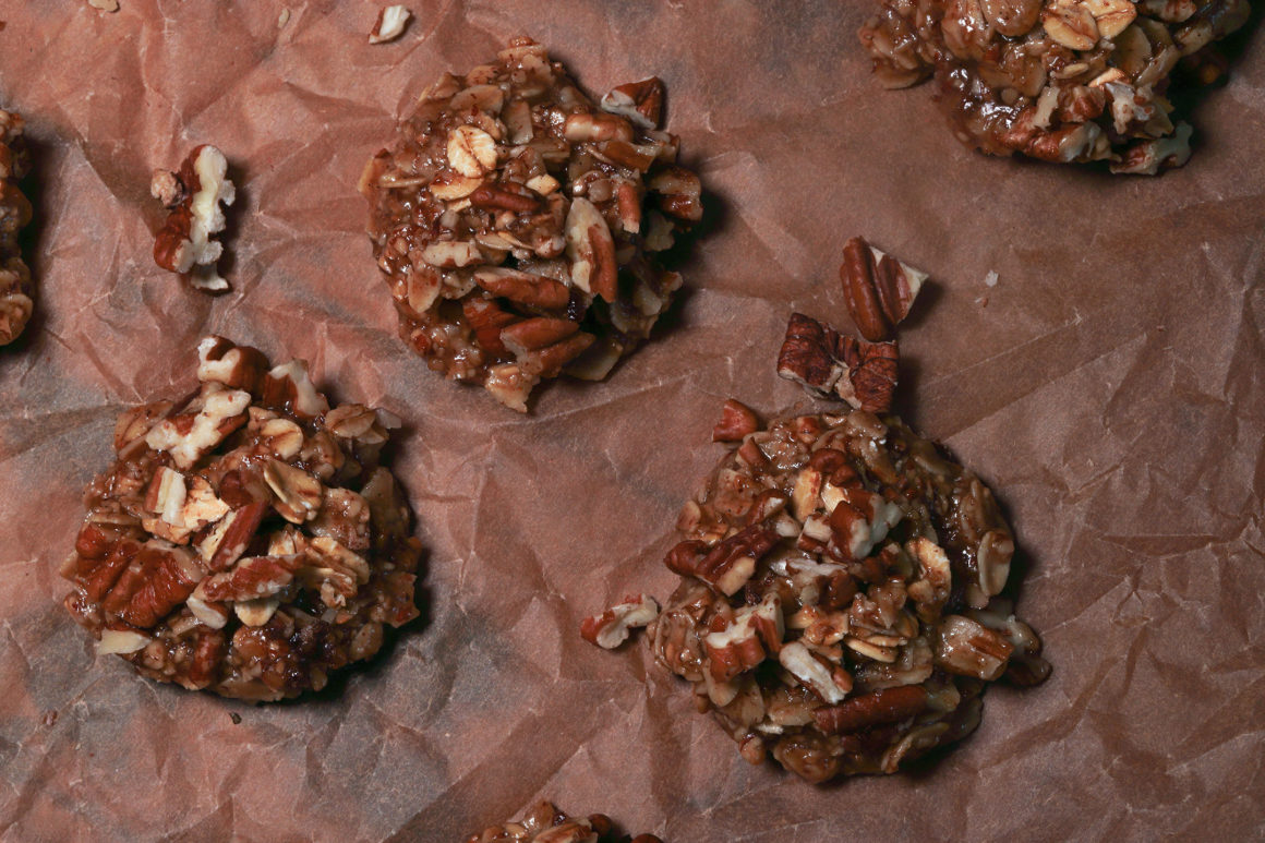 Closeup of No-Bake Oatmeal Pecan Cookies