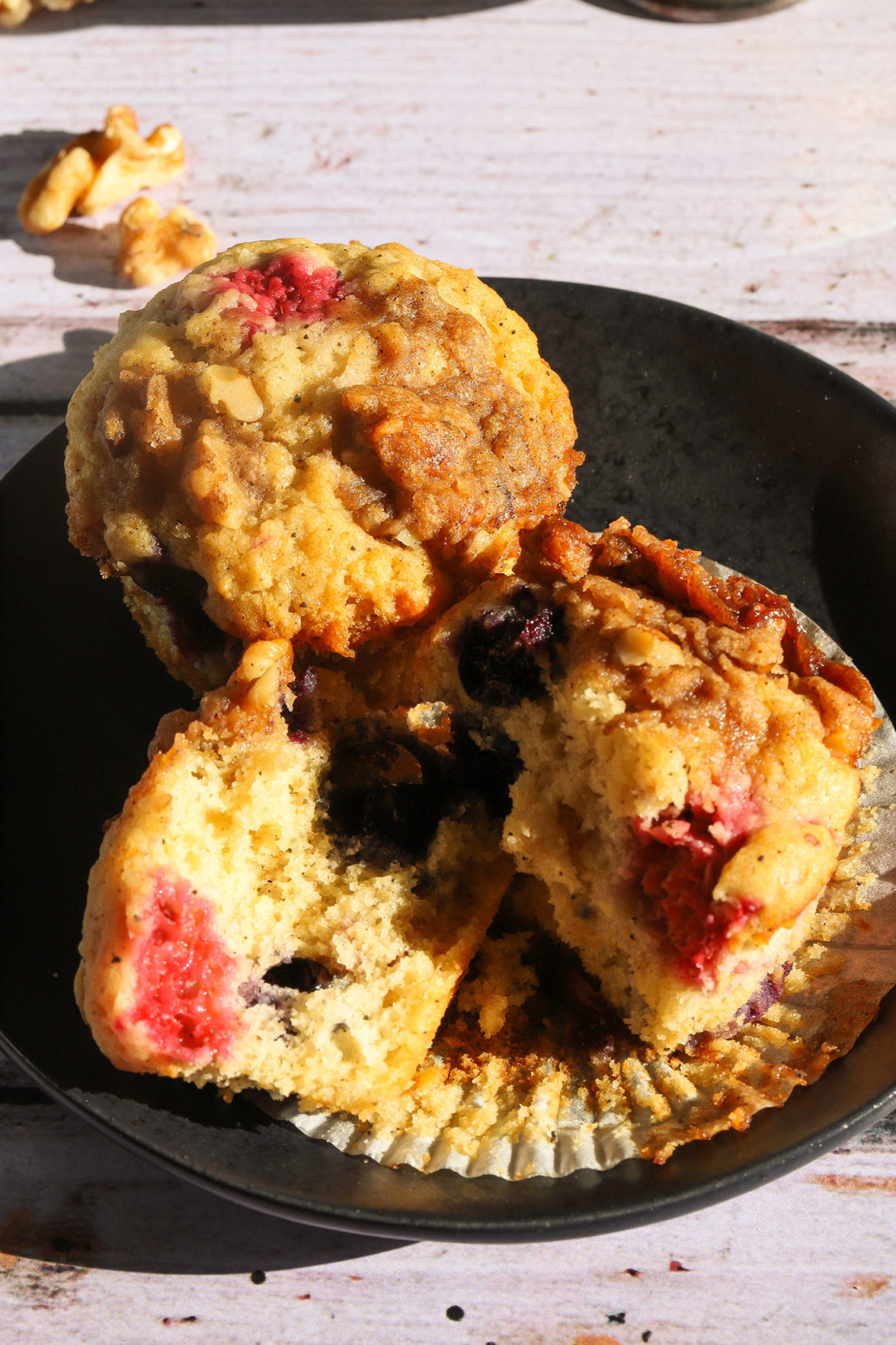 Raspberry Blueberry Muffins Black Plate Tall