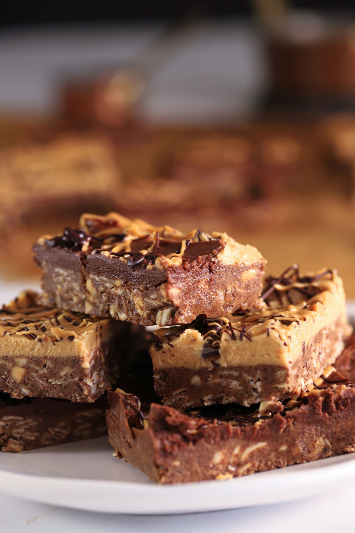No-Bake Chocolate Peanut Butter Oatmeal Bars Closeup Tall