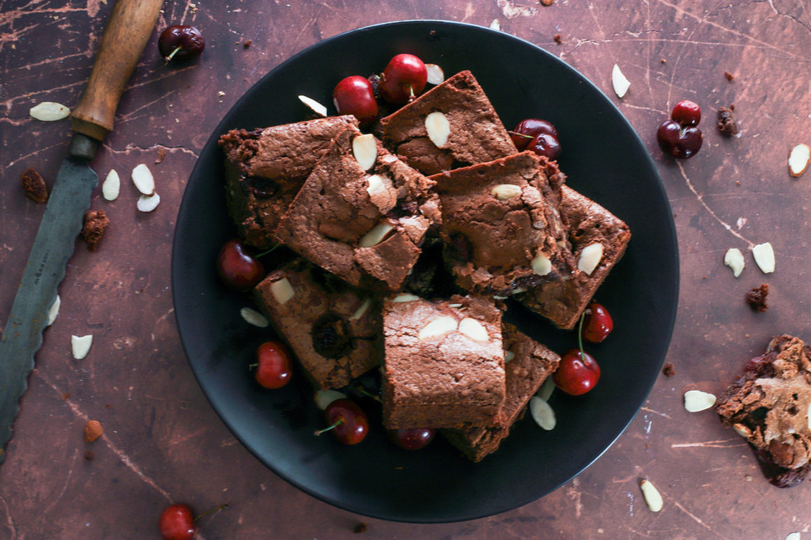 fresh cherry brownies stacked in bowl