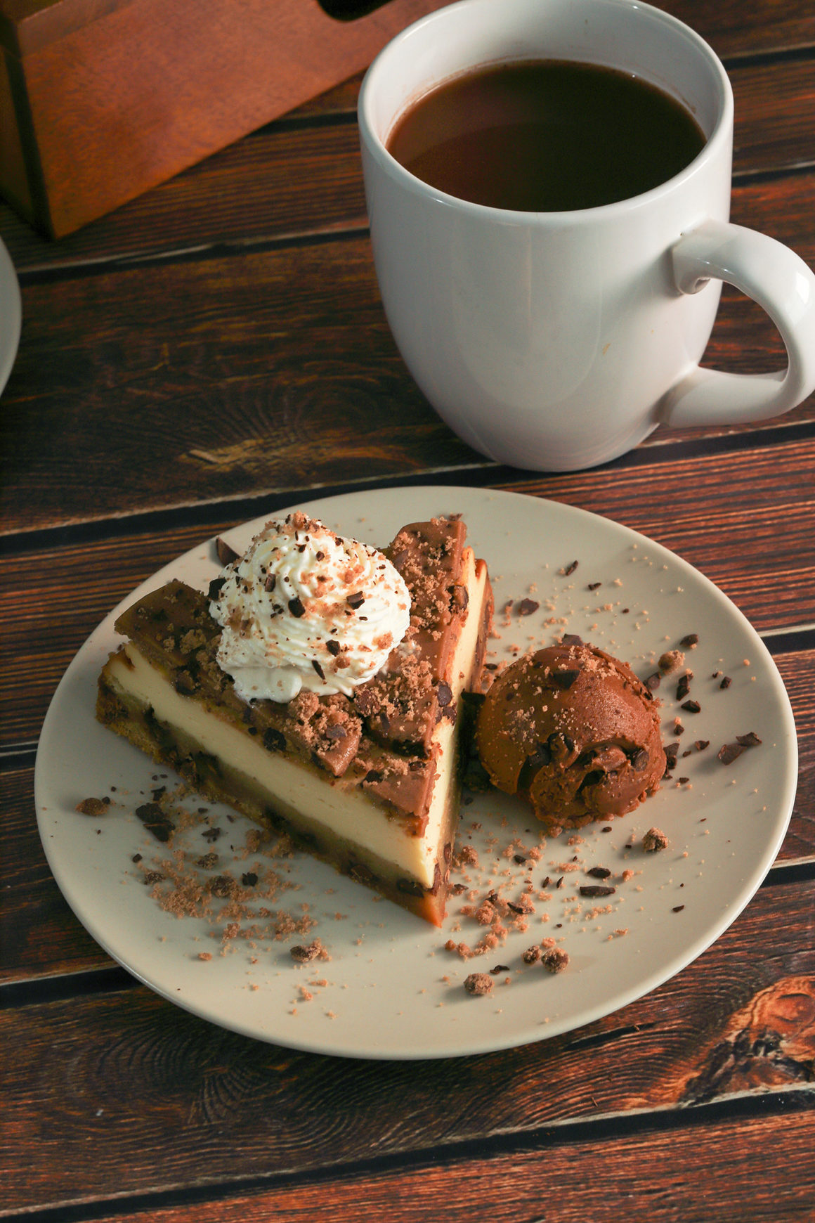 cookie dough cheesecake with hot chocolate