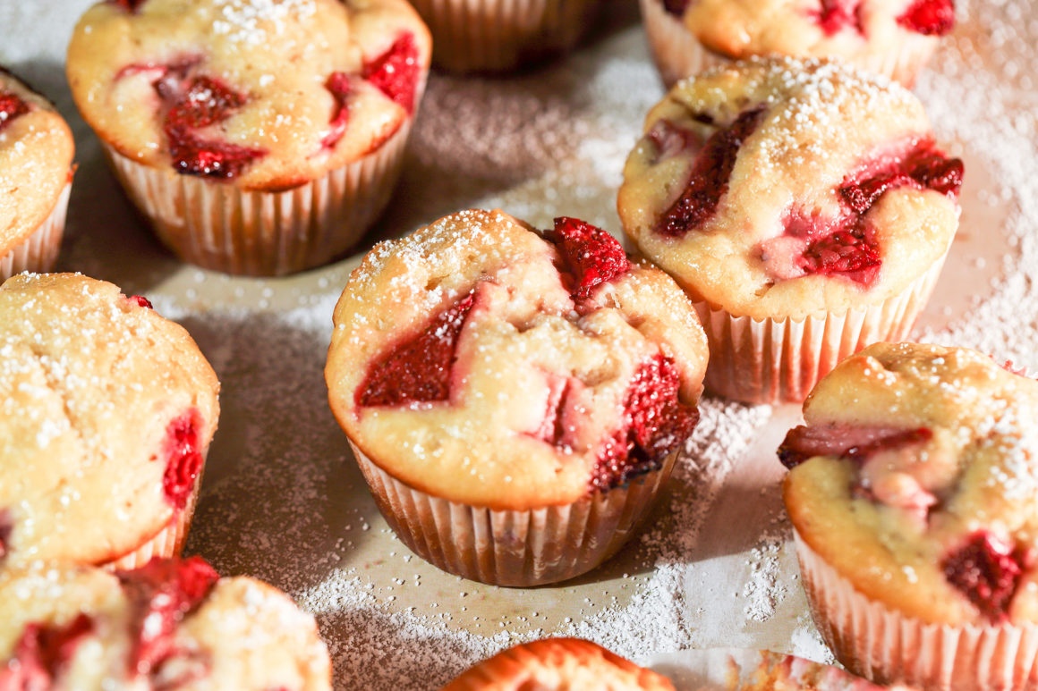 Roasted Strawberry Muffins with Powdered Sugar