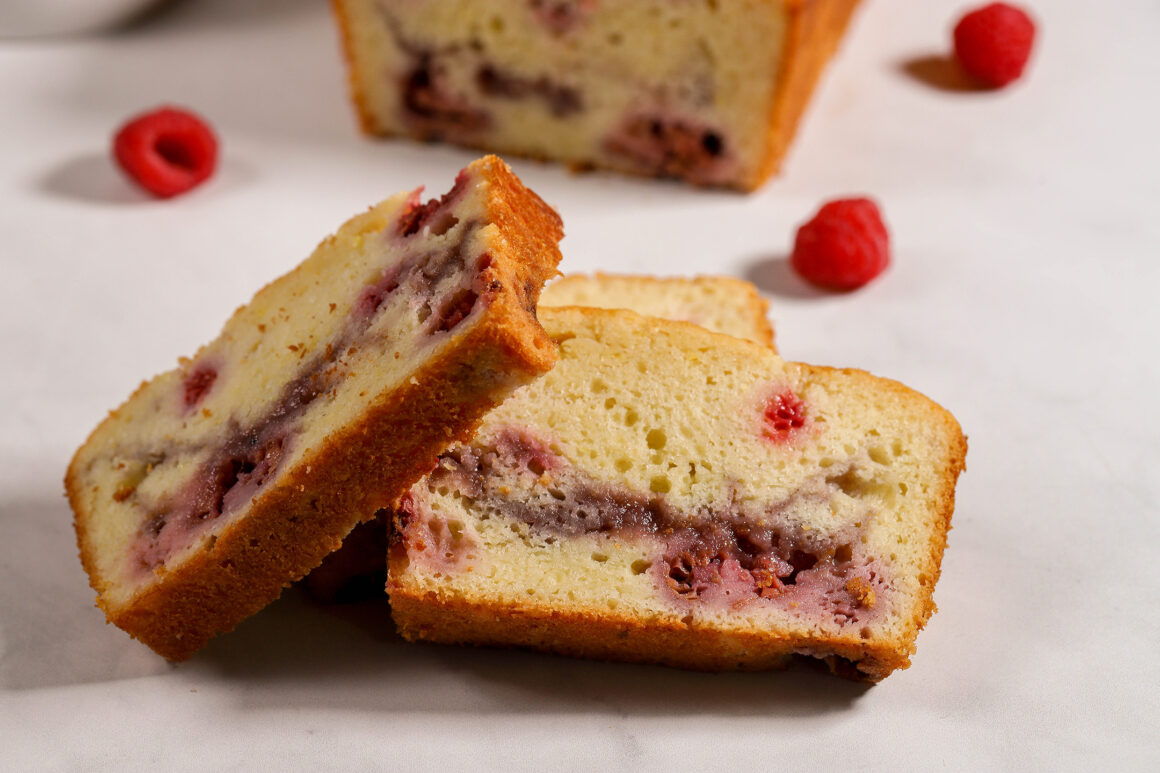Slices of Raspberry Quick Bread on Counter