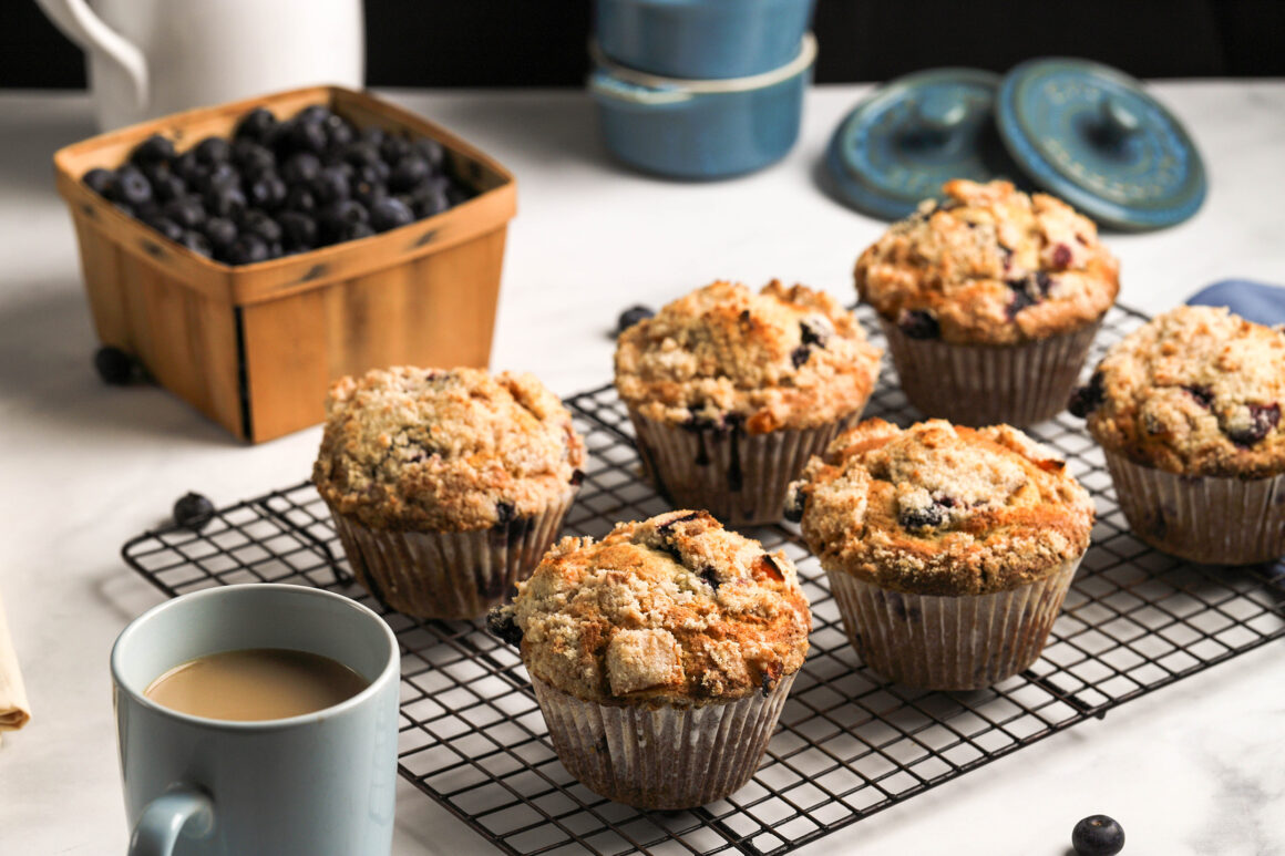 peach blueberry muffins with coffee